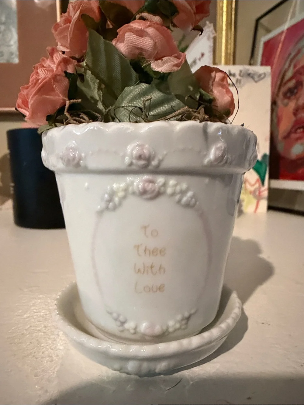 Precious Moments White Ceramic Planter with Pink Roses